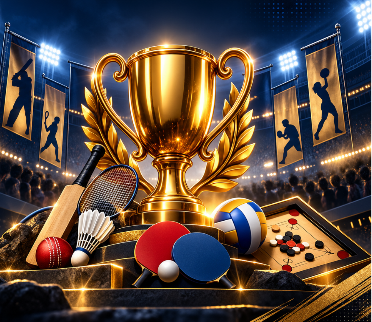 Gold trophy surrounded by a cricket bat, badminton racquet, table tennis bats, volleyball and carrom board under stadium lights