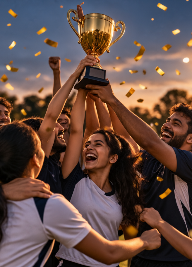 Team lifting a trophy amid confetti