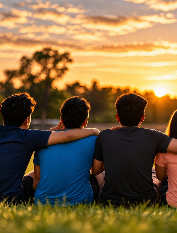 Friends sitting together on the grass at sunset